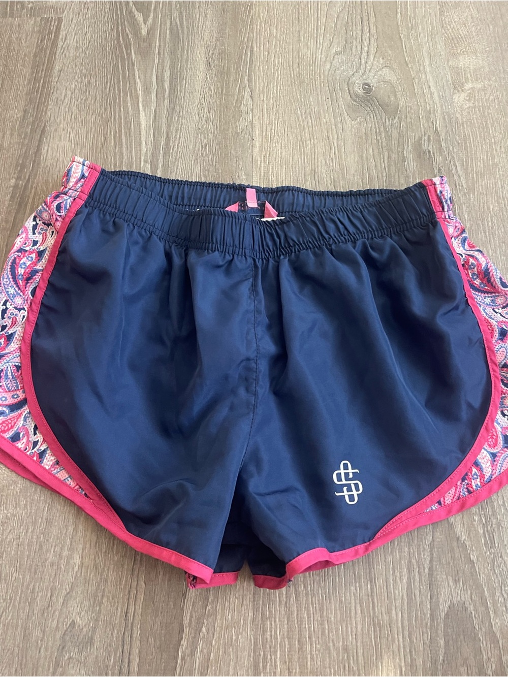 Simply Southern Navy Athletic Shorts with Pink Paisley Trim